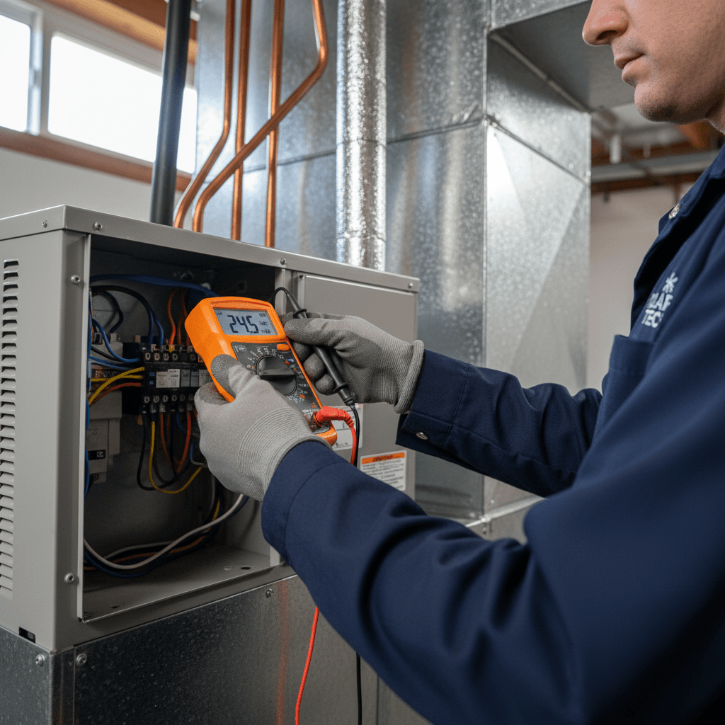HVAC technician using digital multimeter to diagnose residential air conditioning system electrical components
